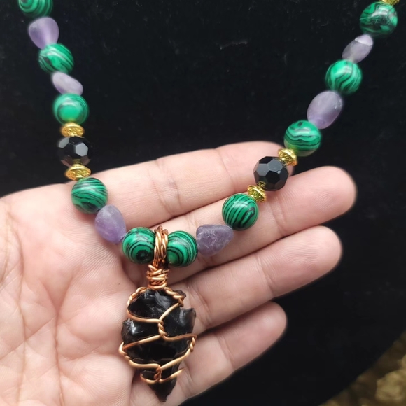 Handmade multi stone Obsidian Arrow Necklace - Picture 4 of 10